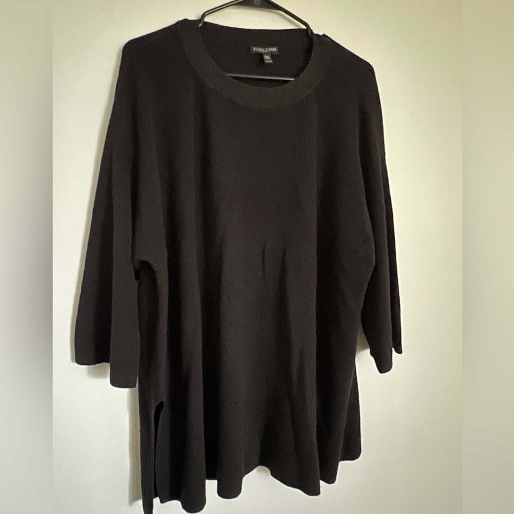 Eileen Fisher 2x Black Ribbed Crewneck Top.